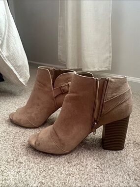 Women's Taupe Suede Peep-Toe Ankle Boots with Block Heel